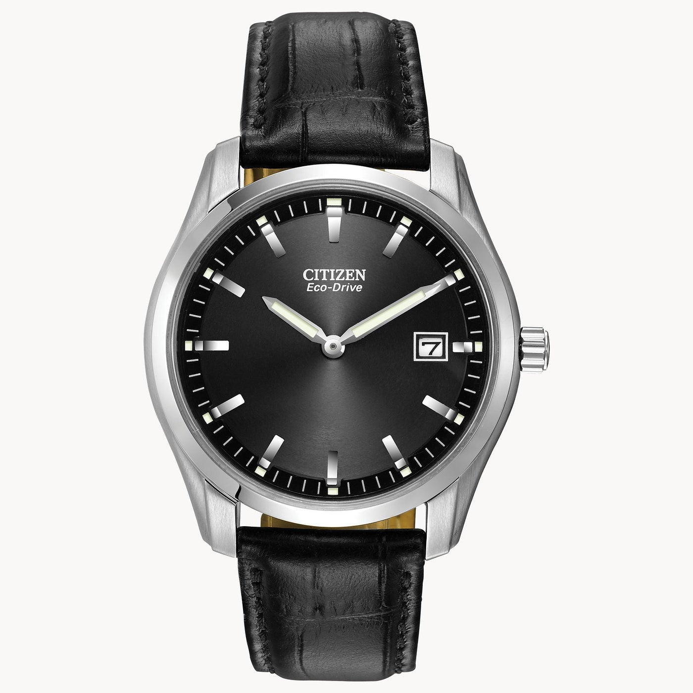 Citizen Corso Eco-Drive Sterling Silver Watch with a Black Dial and Leather Band