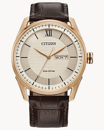 Citizen Classic Eco-Drive Rose Tone Stainless Steel, Ivory Dial and Leather Watch