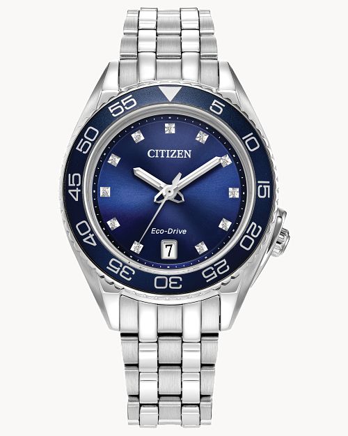 Citizen Carson Eco-Drive Stainless Steel Watch with a Blue Dial and Diamond Accents