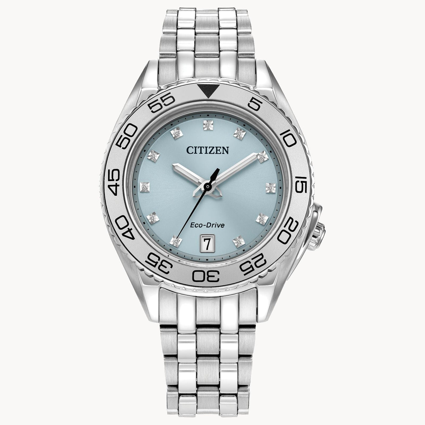 Citizen Carson Eco-Drive Sterling Silver Watch with Diamond Accents and a Light Blue Dial