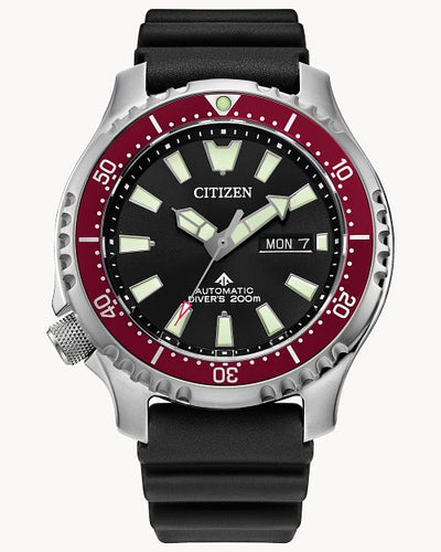 Citizen Promaster Automatic Dive Watch with a Black Dial, Red Bezel and Luminous Markers