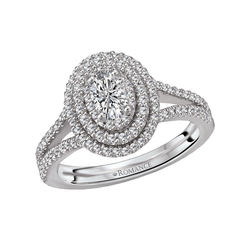 Romance Double Halo Oval Diamond Engagement Ring with Split Band