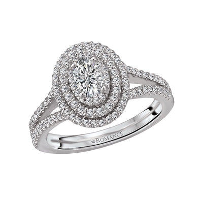 Romance Double Halo Oval Diamond Engagement Ring with Split Band