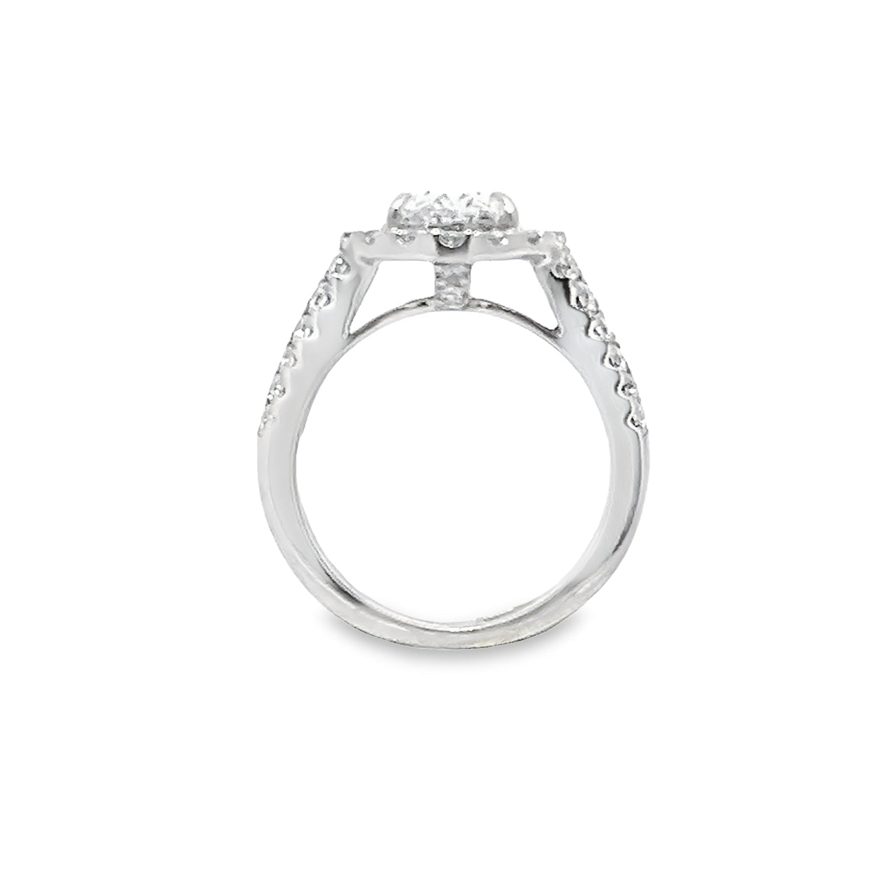 Lab Grown Oval Center Diamond set in a Natural Mined Diamond Halo and Tapered Baguette Engagement Ring