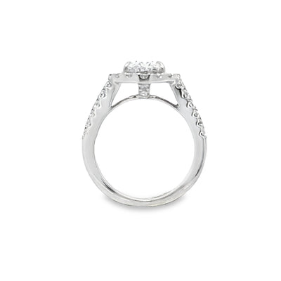 Lab Grown Oval Center Diamond set in a Natural Mined Diamond Halo and Tapered Baguette Engagement Ring