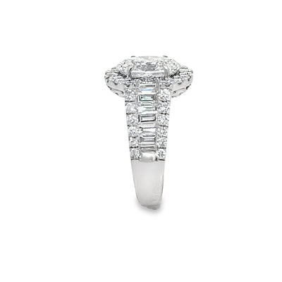 Lab Grown Oval Center Diamond set in a Natural Mined Diamond Halo and Tapered Baguette Engagement Ring