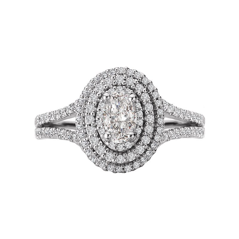 Romance Double Halo Oval Diamond Engagement Ring with Split Band