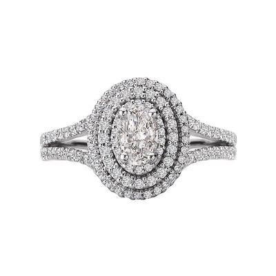 Romance Double Halo Oval Diamond Engagement Ring with Split Band