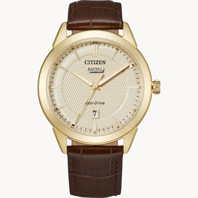 Citizen Rolan Eco-Drive Gold Tone Stainless Steel, Champagne Dial and Leather Watch