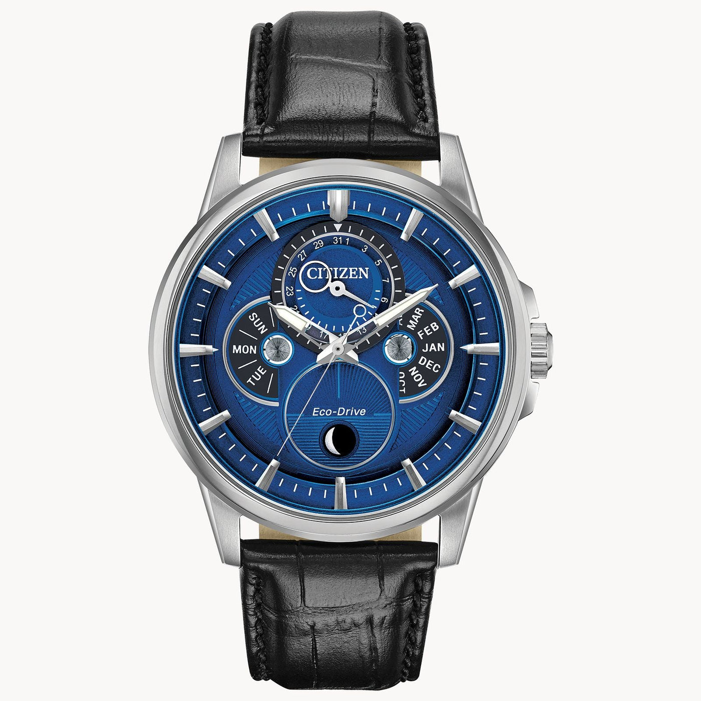 Citizen Calendrier Eco-Drive Stainless Steel Watch with a Cobalt Blue Dial and Black Leather Band