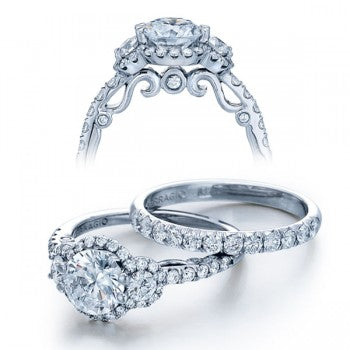 Verragio 3 Stone Round Brilliant Diamond Halo Semi-Mount Engagement Ring from the Insignia Collection