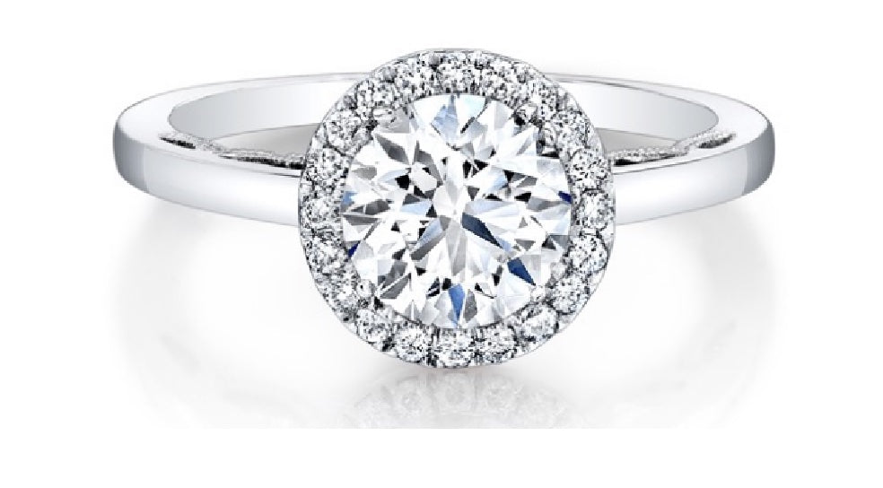 Diamond Halo Semi-Mount Engagement Ring with a Double Milgrain Scalloped Profile